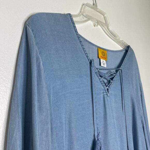 Ruby Rd XL Light Blue Tencel Chambray Tunic Dress Bell Sleeve Boho Casual Beachy - Picture 2 of 7